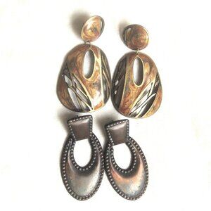 2 Vtg 90s Cut Out Statement Earrings Tribal Abstract Metal Brass Copper Tone